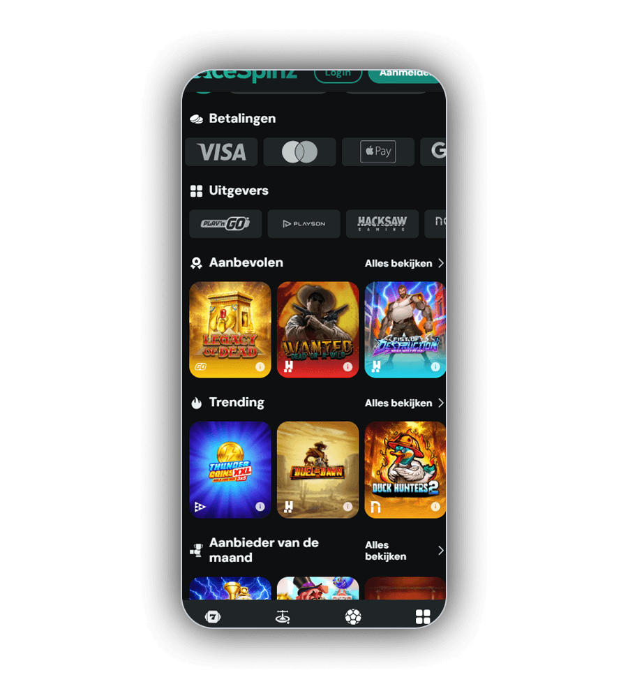Startscherm van AceSpinz met de strook Betalingen met VISA, Mastercard, Apple Pay en een vierde logo, daaronder de strook Uitgevers, de rijen Aanbevolen en Trending met slots en de rij Aanbieder van de maand