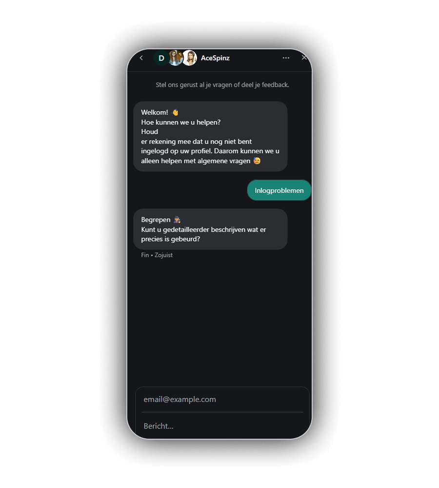 Messenger van AceSpinz met de begroeting Welkom en Hoe kunnen we u helpen, een melding dat alleen algemene vragen beantwoord kunnen worden zonder in te loggen, de gekozen knop Inlogproblemen, het antwoord van Fin met de vraag om meer details, en onderaan de velden E-mail en Bericht