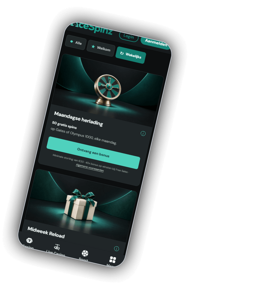 Promotiescherm van AceSpinz met de filters Alle, Welkom en Wekelijks, de kaart Maandagse herlading met 50 gratis spins op Gates of Olympus 1000 elke maandag, de knop Ontvang een bonus, de voorwaarden minimale storting van 20 euro en 40x op winsten bij Free Spins, en de kaart Midweek Reload met een cadeaudoos