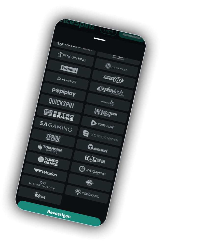 Filter Uitgevers van AceSpinz op een telefoon met studiologo's in twee kolommen, waaronder Penguin King, Platipus, Phoenix7, Playson, Play'n GO, Popiplay, Playtech, Quickspin, Pragmatic Play, Retro Gaming, Red Tiger, SA Gaming, Ruby Play, Spribe, Spinomenal, Tom Horn, Thunderkick, Turbo Games, Wazdan, Vivo Gaming, Winfinity en Yggdrasil, en onderaan de groene knop Bevestigen