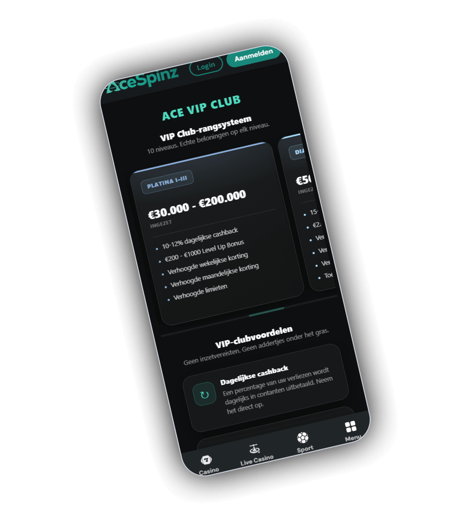 VIP-scherm van AceSpinz met de kop ACE VIP CLUB, VIP Club-rangsysteem en 10 niveaus, de kaart Platina I tot III met 30.000 tot 200.000 euro ingezet, 10 tot 12 procent dagelijkse cashback en een Level Up Bonus van 200 tot 1000 euro, en daaronder VIP-clubvoordelen met Dagelijkse cashback